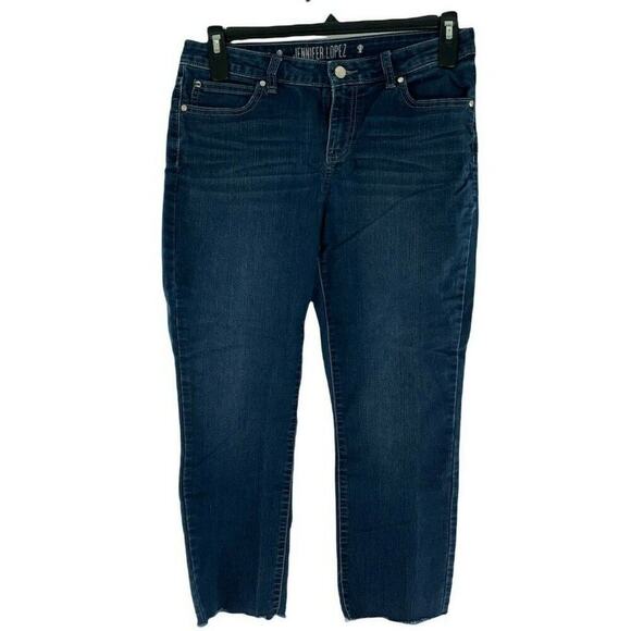 Jennifer Lopez Denim Jeans Womens Size 8 Straight Capris Raw Hem Dark Wash Blue - Picture 1 of 10